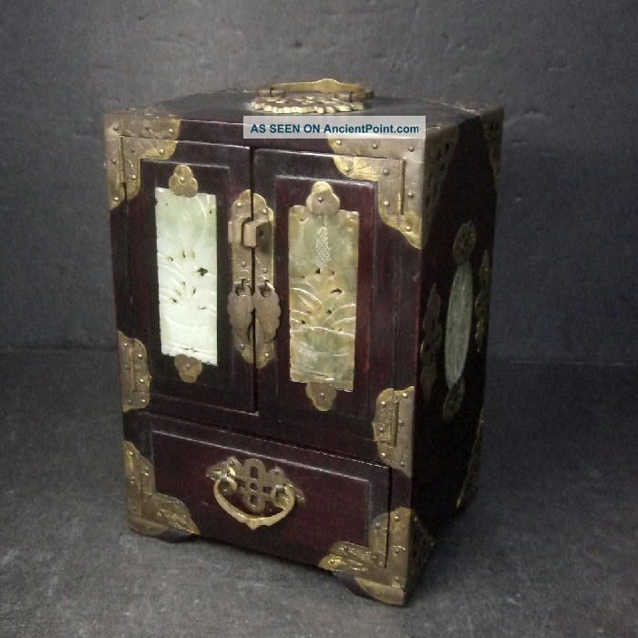 F843: Chinese Wooden Small Chest - Of - Drawers With Green Stone Work Other photo