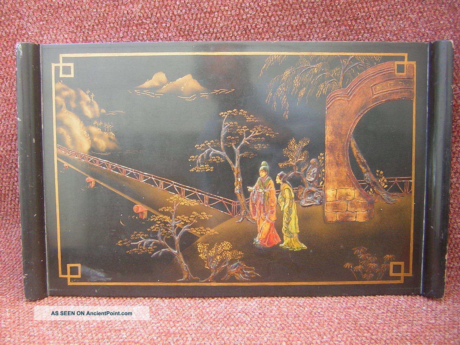 Chinese Lacquered Table Removable Tray On Folding Wood Base Very Good Condition Tables photo