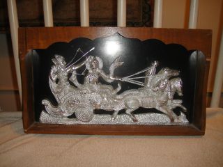 Vintage India God On Chariot Silver Metal Plaque - India Plaque Encased In Wood photo
