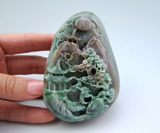 Natural Dushan Green Jade Chinese Carved Pine Trees Old Man Statue Nr photo