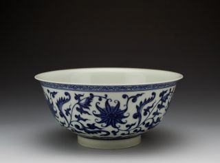 Finely Painted Antique Chinese Qianlong Mk Thin Blue And White Porcelain Bowl photo