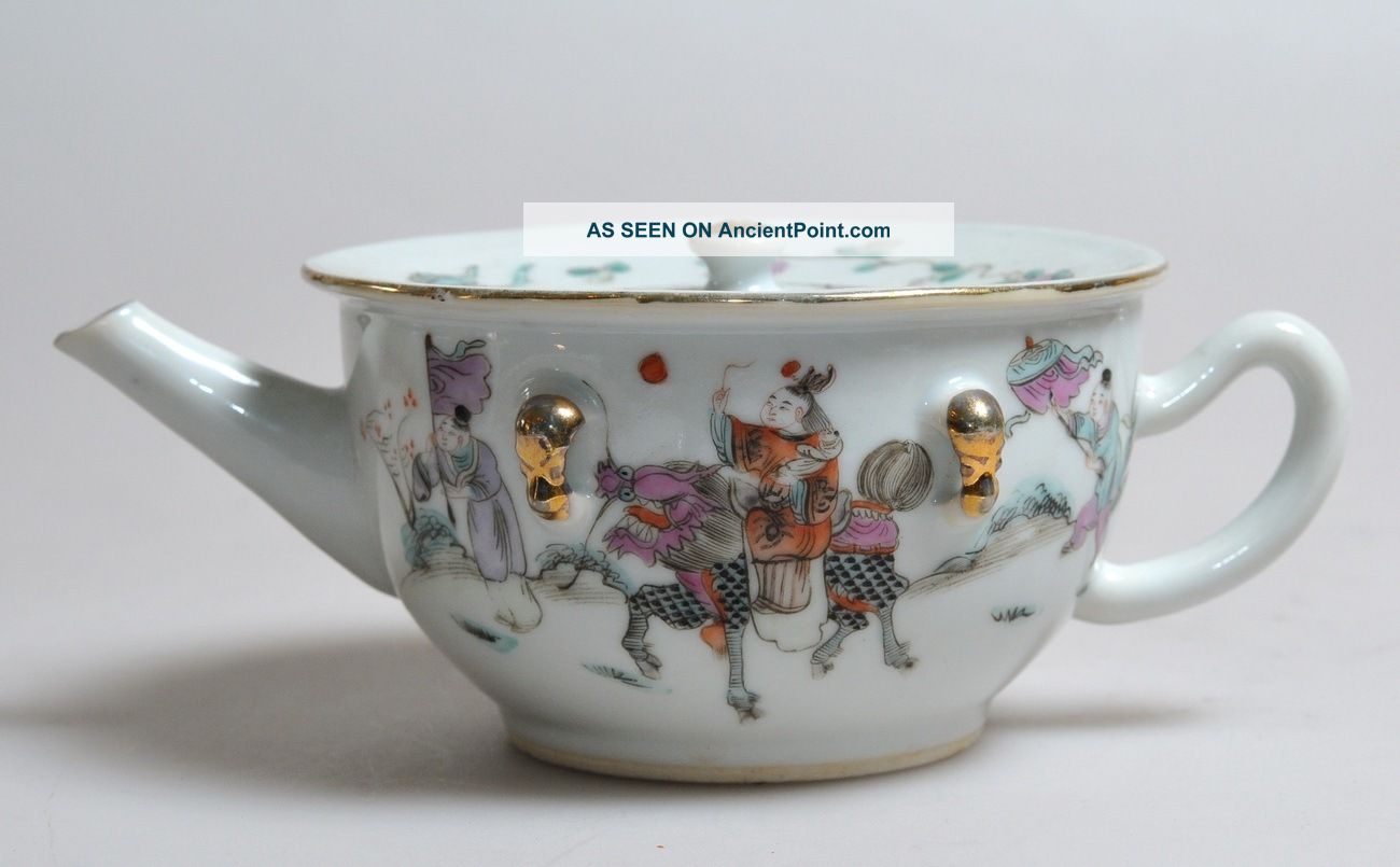 19thc Signed Antique Chinese Hand Painted Porcelain Flat Top Teapot Human Scenes Teapots photo