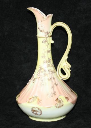 Antique Japanese Moriage Ewer Vase - Signed - - Mauve Yellow photo