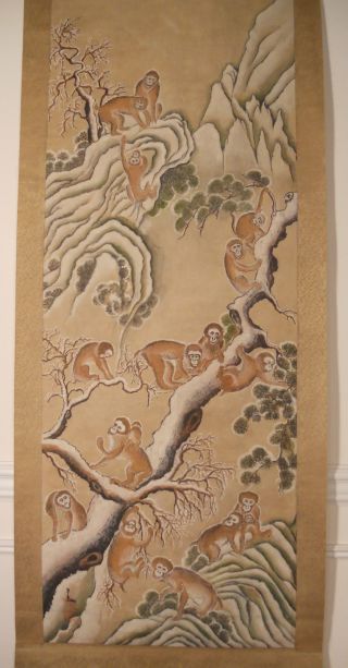 Antique Japanese Scroll - Monkeys Playing In Pine Trees photo