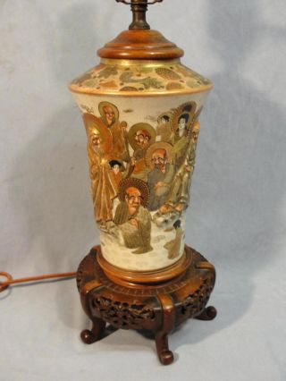 Antique Japanese Meiji Period Satsuma Vase/lamp W/ Raised Rakan & Figures photo