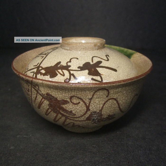 F857: Japanese Old Oribe Pottery Ware Tasty Covered Bowl With Good Atmosphere Bowls photo