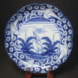 F827: Real Japanese Old Imari Blue - And - White Namasu Plate With Egret Design photo