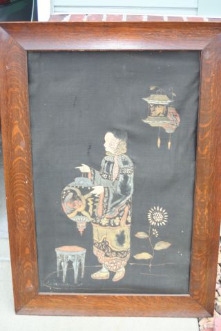 Vintage Asian Art Painting On Canvas/linen Estate Find photo