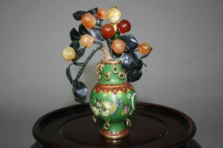 Chinese Jade And Agate Peaches With Cloisonné Enameled Vase photo