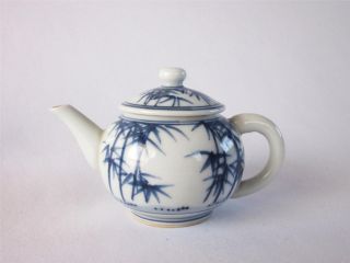 Japanese Vintage Kyo Ware Teapot By Tokusen Heian; Blue & White/ Bamboo/ 249 photo
