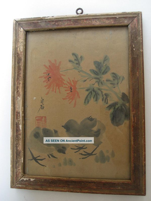 Old Chinese Framed Painting Qi Baishi Chicken And Flower 齊白石 Paintings & Scrolls photo