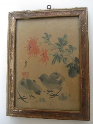 Old Chinese Framed Painting Qi Baishi Chicken And Flower 齊白石 photo