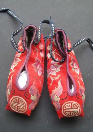 Antique Chinese Child ' S Shoes Slippers Red Silk Embroidered Longevity Bats photo