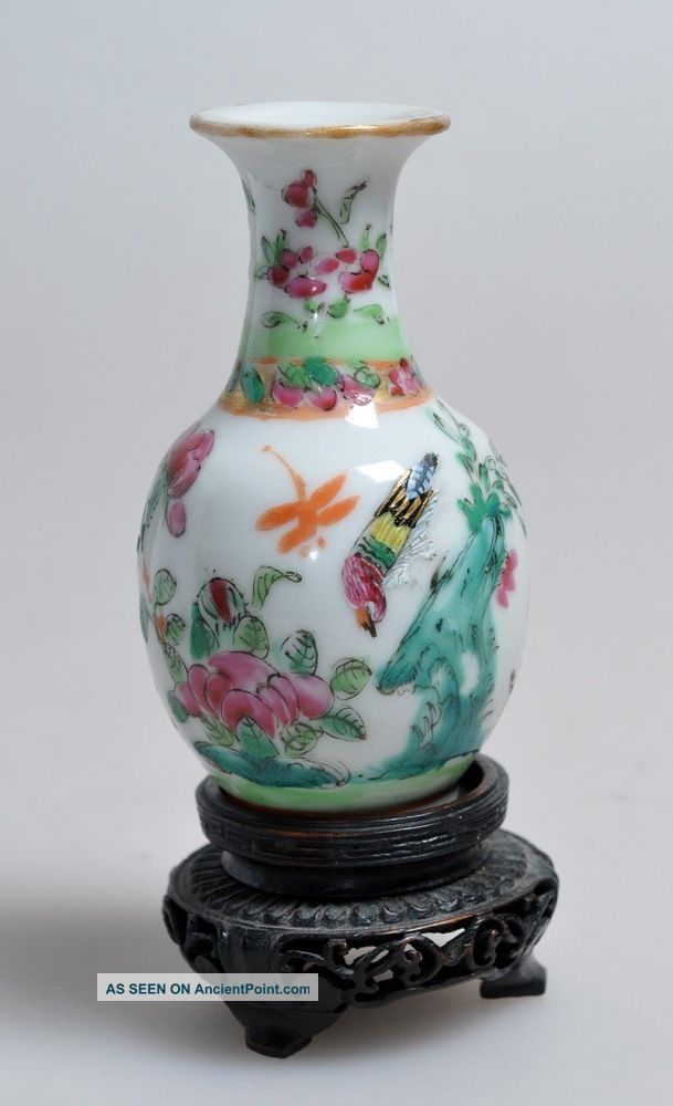 19th C Antique Miniature Chinese Hand Painted Famille Rose Porcelain Vase &stand Vases photo