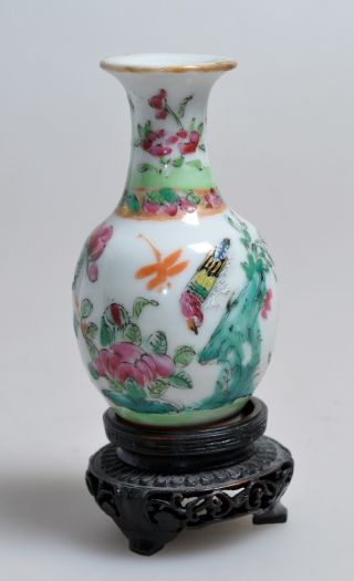 19th C Antique Miniature Chinese Hand Painted Famille Rose Porcelain Vase &stand photo