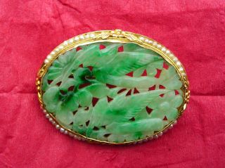 Very Fine Chinese Jade Gold And Seed Pearl Carved Brooch photo