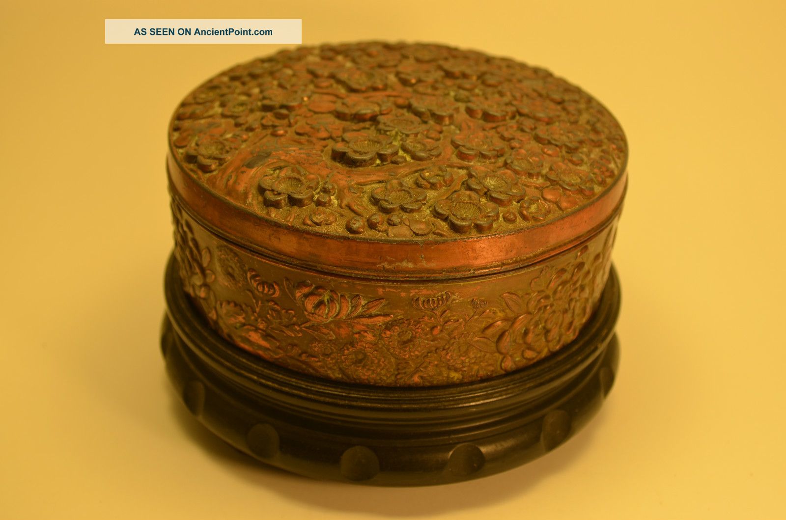 An Antique Japanese Ladies Circular Trinket Box,  Copper Plated Antimony/pewter Boxes photo