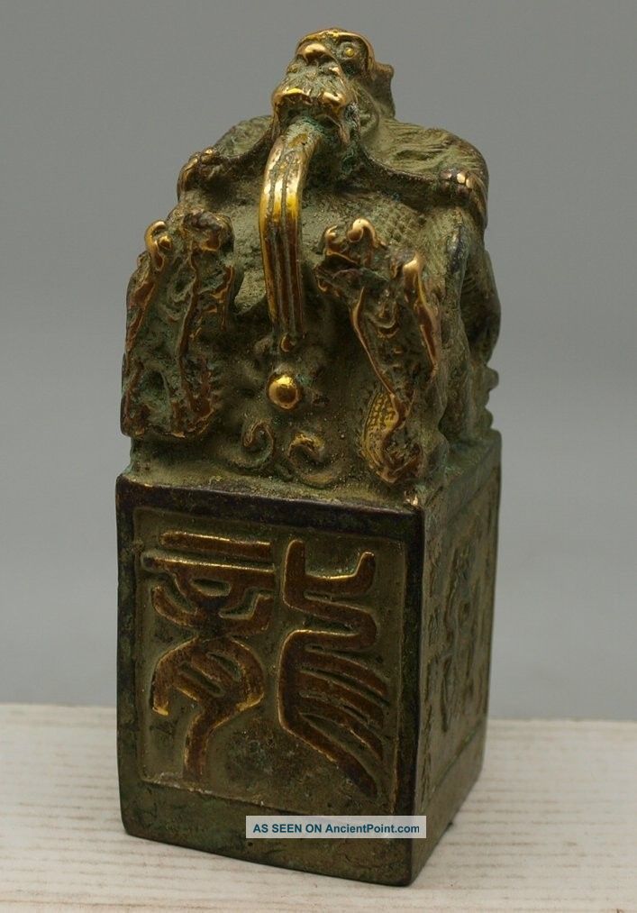 Chinese Bronze Seal - Dragon - Oriental - Verdigris & Gilt Patina Other photo