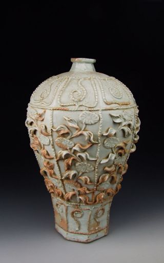 Yuan Dynasty Egg White Glazed Porcelain Plum Vase With Basso - Relievo Flower Patt photo