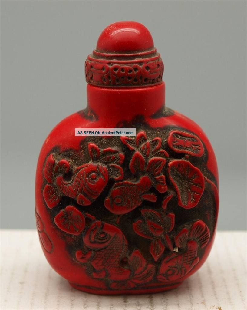Chinese Red Coloured Scent / Snuff Bottle - Carved Oriental Koi Carp Fish Snuff Bottles photo