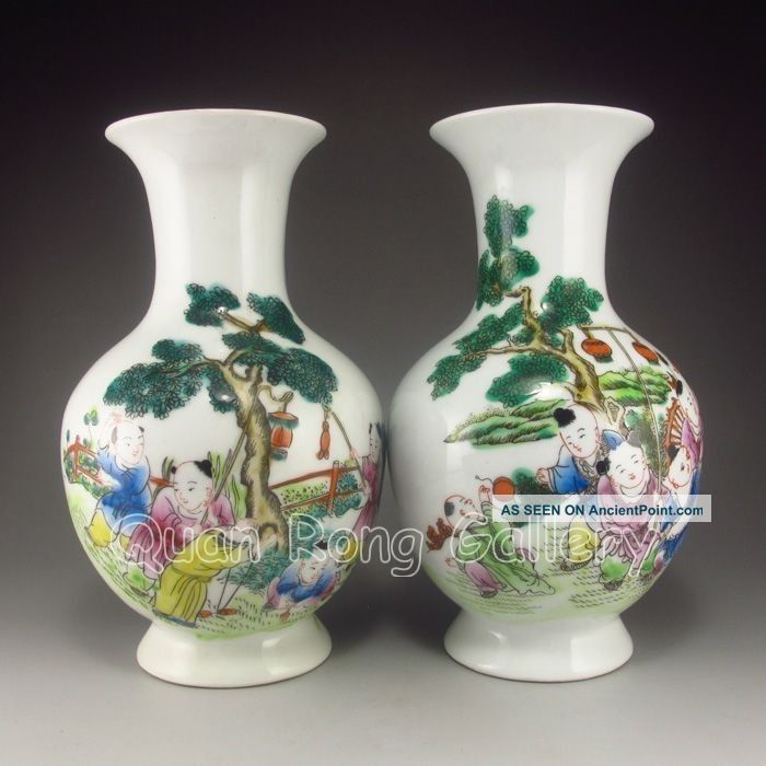 Pair Chinese Porcelain Pots - Fortune Kid W Ju Rne Tang Mark Nr Pots photo