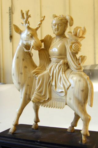 Rare Chinese Antiques Ox Bone Lady Sit On Deer.  8 Inch Tall.  Excellent Carving photo