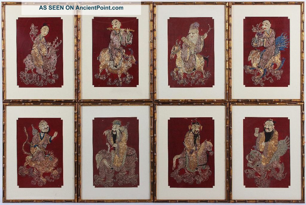 Set Of 8 Antique Chinese Silk Embroidered Panels Immortal Figural Gold Threads Robes & Textiles photo