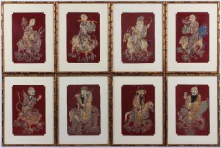 Set Of 8 Antique Chinese Silk Embroidered Panels Immortal Figural Gold Threads photo