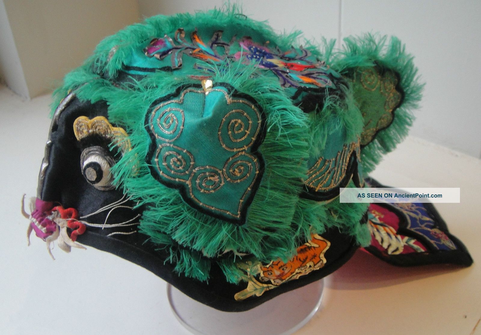 Antique Chinese Silk Green Tiger Hat Child ' S Headdress Robes & Textiles photo