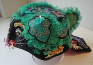 Antique Chinese Silk Green Tiger Hat Child ' S Headdress photo