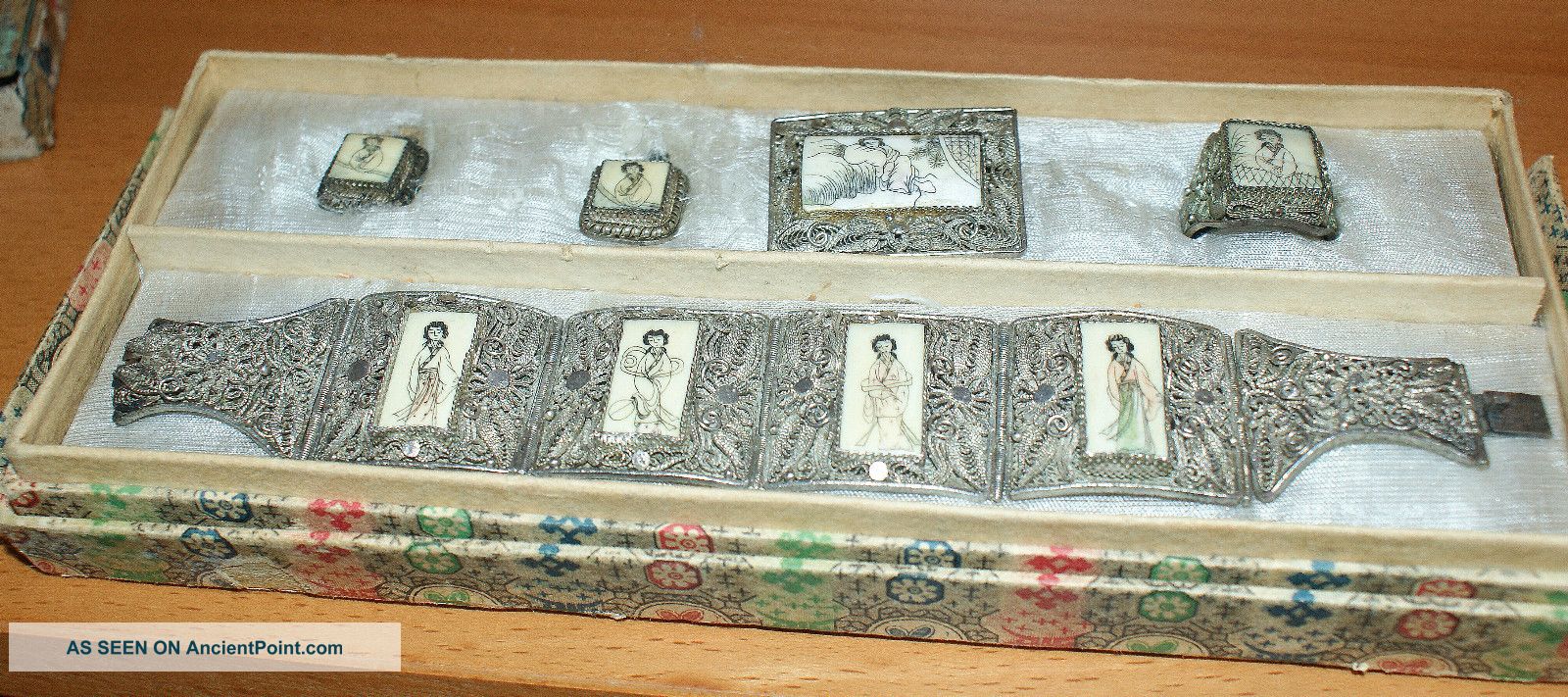 Antique Chinese Silver & Bone Jewelry Set,  & Sterling Pin - Canton Other photo