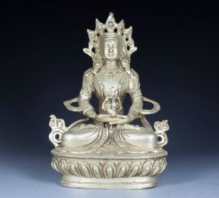 Chinese Old White Copper Handwork India Buddha Statue photo