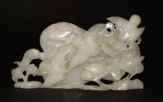 Antique Chinese Carved White Jade Figural Table Screen Birds Fan Shaped photo