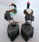 Vintage Chinese Pair Of Enamel Cloisonne Tancho Cranes W/ Coral On Wood Stands Birds photo 3