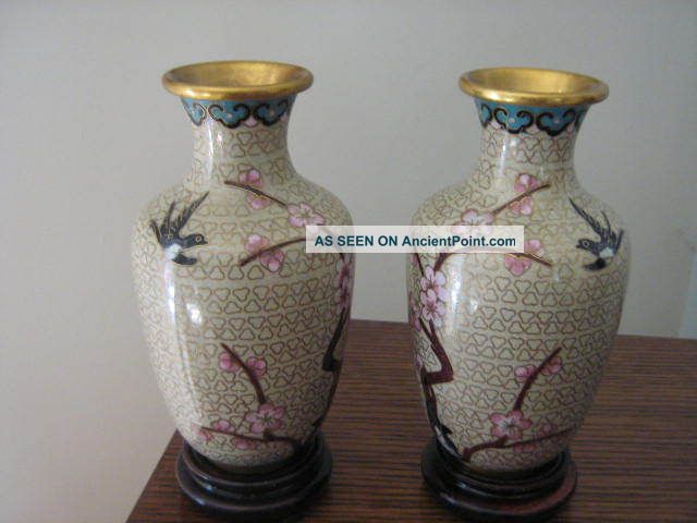 A Pair Of Vintage Pretty Cloisonne Gold Flower Bird Design Vases On A Wood Stand Cloisonne photo
