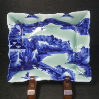 F709: Real Japanese Old Imari Rectangle Blue Porcelain Plate With Blue Painting photo