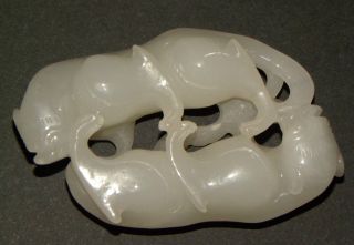 Antique Chinese Carved White Jade Figural Pendant Amulet Animals Beasts Carving photo