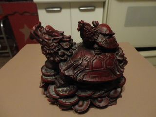 Vintage Chinese Red Lacquer Dragon Statue Turtle Shell photo