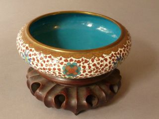 Antique Chinese Cloisonne Bowl On Wooden Stand photo
