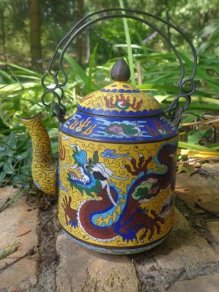 Antique Chinese Cloisonne Teapot Mark On Bottom 7 Color 2 Dragon Decoration 2 photo