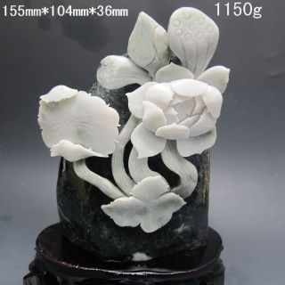 100% Natural Dushan Jade Hand - Carved Statue - - Lotus Flower Nr/pc2397 photo