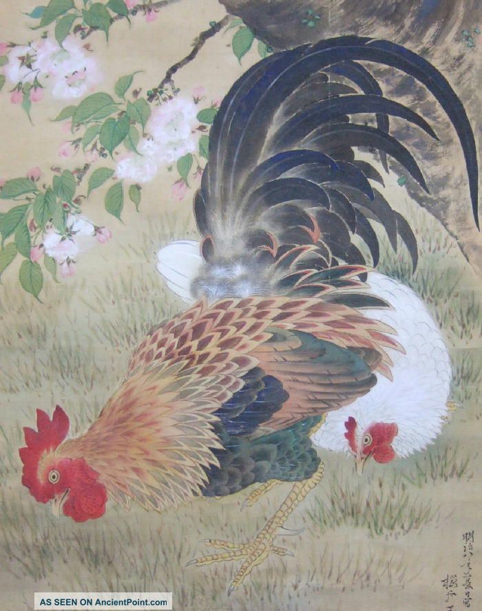 F959: Japanese Old Hanging Scroll Pair Of Chicken With Good Painting. Paintings & Scrolls photo