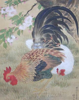 F959: Japanese Old Hanging Scroll Pair Of Chicken With Good Painting. photo