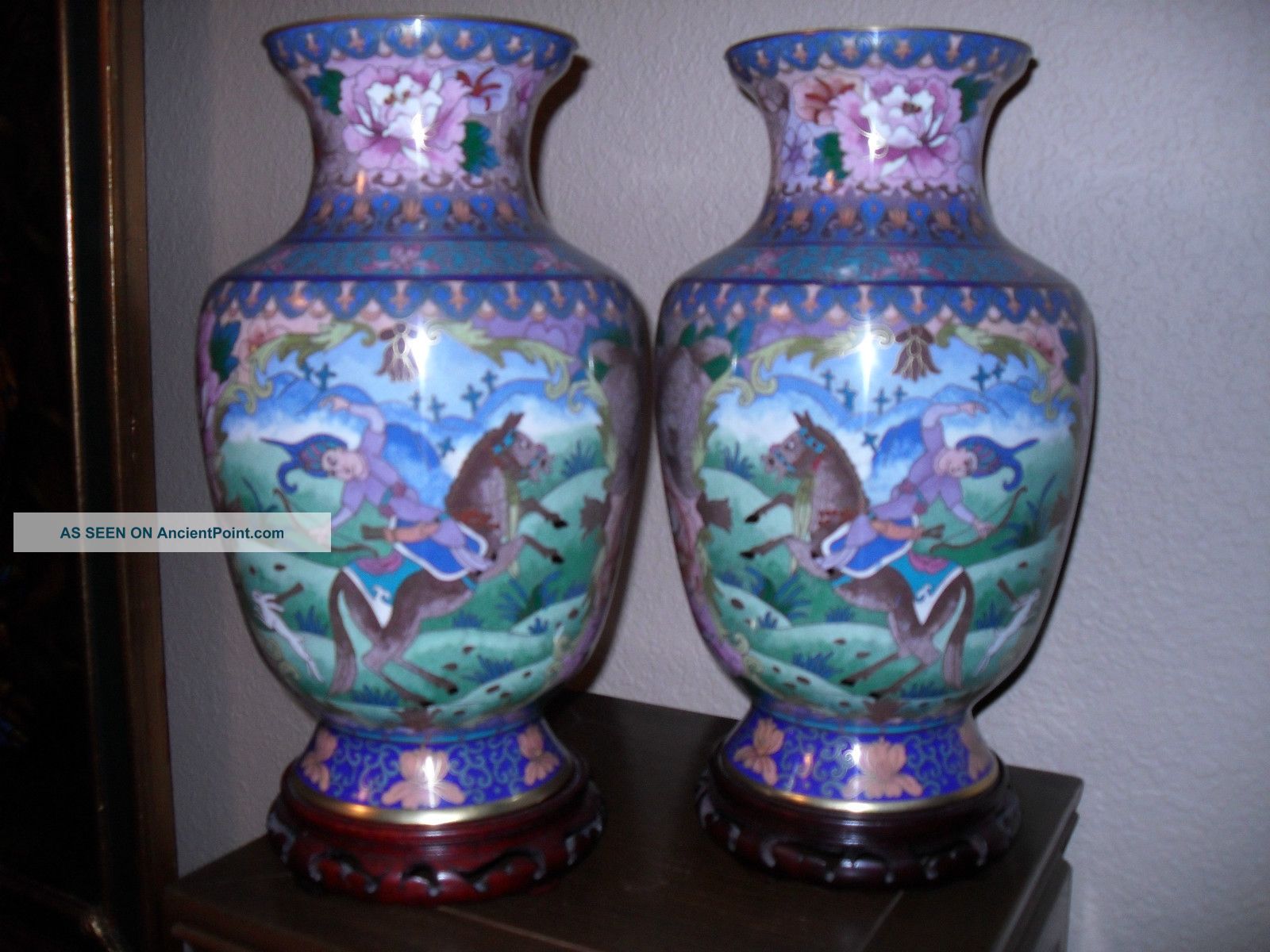 Antique Large Chinese Cloisonne Pair Vases - Warrior On Tang Horse - Very Fine Vases photo