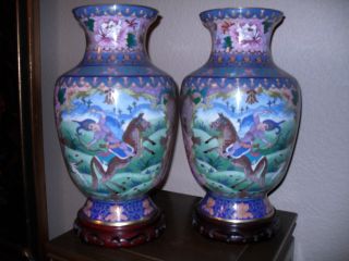 Antique Large Chinese Cloisonne Pair Vases - Warrior On Tang Horse - Very Fine photo