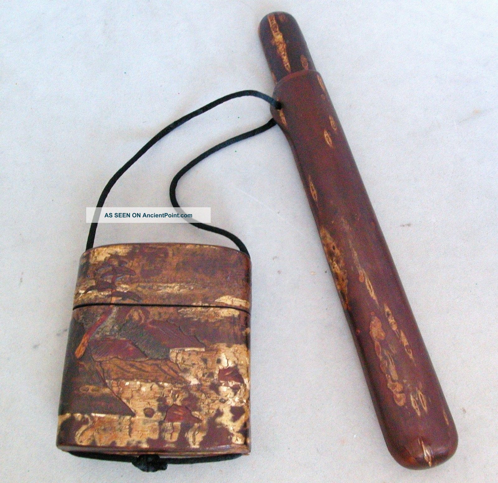 Antique Japanese Cherry Wood Bark Inro With Brass & Wood Pipe & Matching Holder Boxes photo