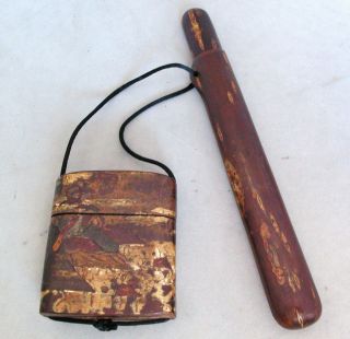 Antique Japanese Cherry Wood Bark Inro With Brass & Wood Pipe & Matching Holder photo
