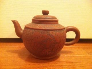 Antique Chinese Yixing Zisha Pottery Hand Carved Teapot Flower photo