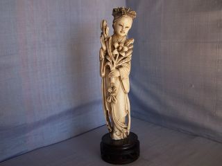 Excellent Vintage Chinese Handcarved Bone / Faux Ivory Woman Statue On Wood Base photo