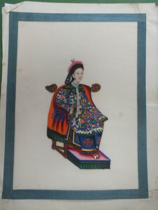 Chinese Study On Rice/pith Paper Of Seated Lady In Bright Coloured Robe 19thc (a photo
